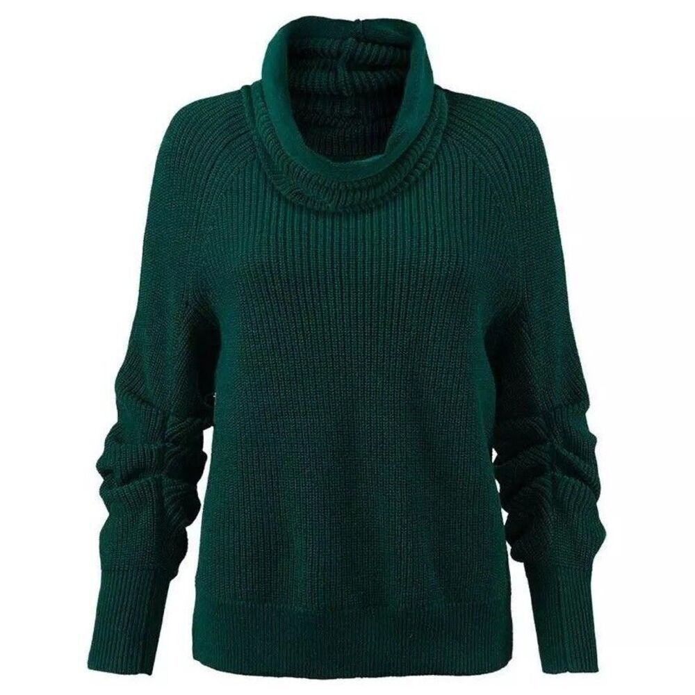 Women's Cabi # 3532 Cowl Pullover Forest Green Ruched Sleeve Sweater Size Small